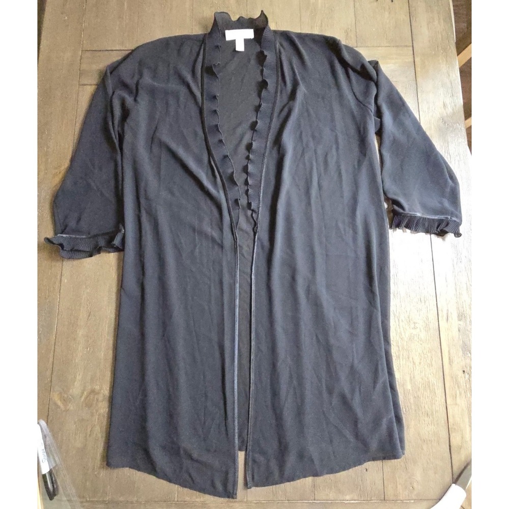 Oscar de la Renta Pink Label Black Ruffle Trim Open Front Duster Cardigan Robe L